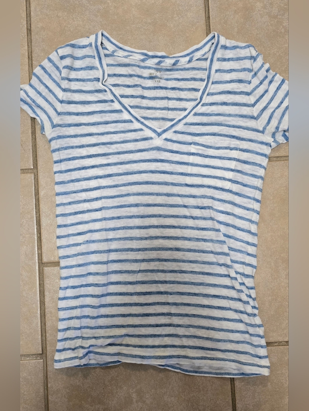 J. Crew Blue and White Striped V-Neck Pocket Tee